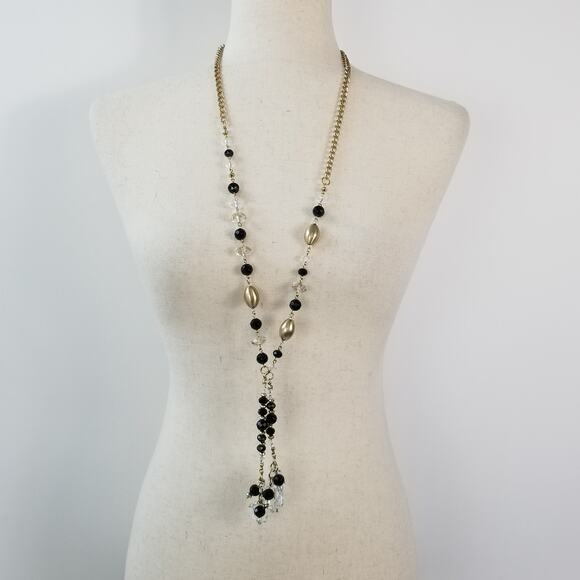 Chicos Long Statement Necklace Gold Tone Black Clear Faceted Beads Metal Baubles - Picture 2 of 5